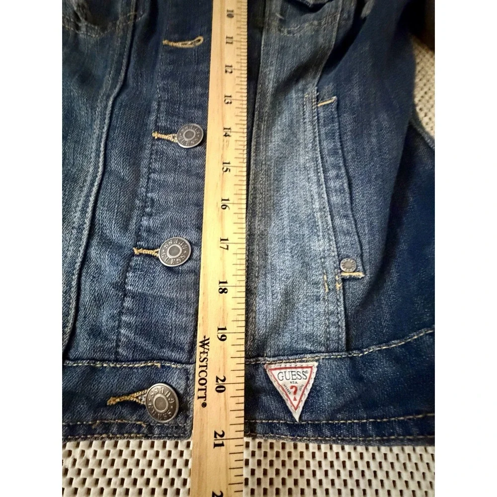 GUESS Jean Jacket Sz S/XS Denim Knit Sleeves Hood Hoodie Y2K Trucker Moto Y2K